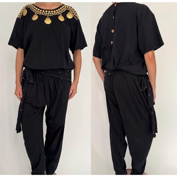 80s black embellished gold seashell retro loose cotton pant one piece jumpsuit - Picture 1 of 10